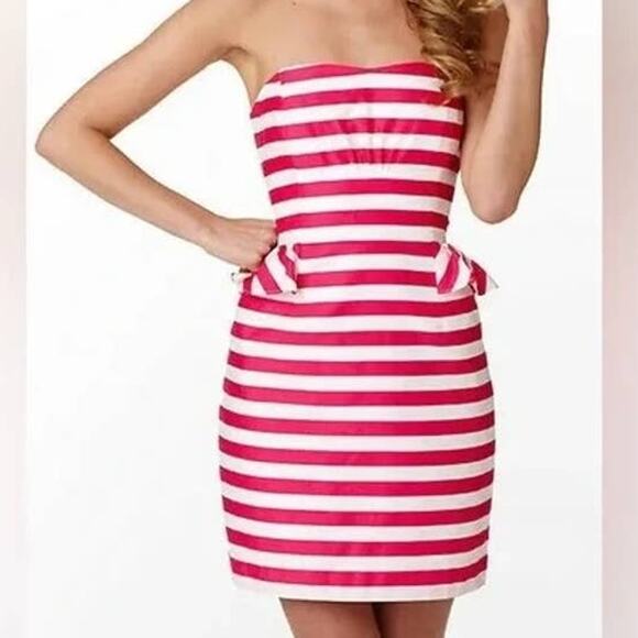Lilly Pulitzer Maybell Azalea Pink Swizzle Stripe Strapless Peplum Dress Size 2 - Picture 1 of 9